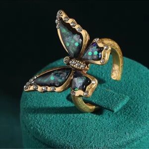 Antique Gold Butterfly Opal Ring with Green-Blue Inlay